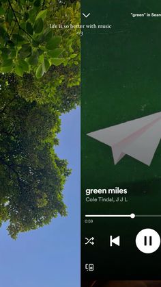 an image of two different screens with trees and paper planes in the sky above them