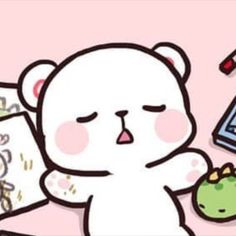 a white bear holding an apple next to other items on a pink background with hello kitty