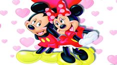 two cartoon mickey and minnie mouses hugging each other with hearts in the back ground