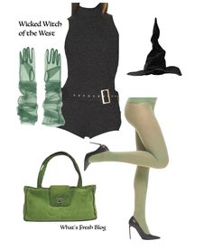 a woman in tights and boots is dressed up as a witch with her handbag