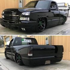 two pictures of the front and back of a black truck