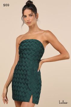 Step out in the Lulus Modern Event Emerald Woven Texture Strapless Bodycon Mini Dress and you'll be getting cuties all evening long! Sleek woven satin shapes this stunning little dress that has a unique, allover woven texture. Strapless bodice has a straight neckline with hidden no-slip strips that finishes at fitted waist. Skirt has a bodycon silhouette that falls to a mini hem with a flirty side notch. Hidden zipper/clasp at back. Fit: This garment fits true to size. Length: Mid-thigh. Bust: Works best for A to C cup sizes - consider sizing up for fuller bust. Waist: Fitted - very fitted at natural waist. Hip: Fitted - consider sizing up for fuller hips. Undergarments: May be worn with a strapless bra, adhesive bra, petals, or no bra. Fabric: Fabric has no stretch. Lined. Shell: 100% Pol Adhesive Bra, Straight Neckline, Woven Texture, Little Dresses, Strapless Bra, Large Size Dresses, Bodycon Mini Dress, Hidden Zipper, Green Dress