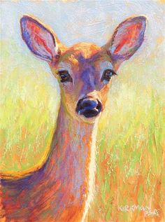 a pastel drawing of a deer in the grass with yellow and green colors behind it