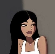 an animated woman with long black hair wearing a white tank top and looking at the camera