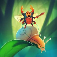 a cartoon character sitting on top of a snail with an anthropher in the background