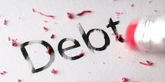 the word debt written in black and red ink on a piece of paper