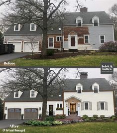 before and after photos of a house with white siding, brown doors, and black shutters