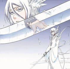 two anime characters with swords in their hands, one holding the other's hand