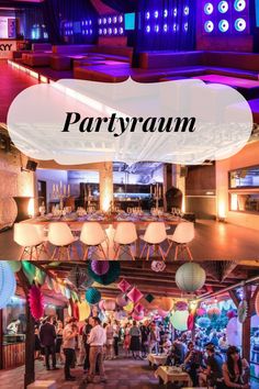 the party room is full of people and colorful lights at night time, with text overlay that reads partyramn