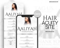 the front and back cover of an ad for hair styling, featuring a woman's profile on her phone