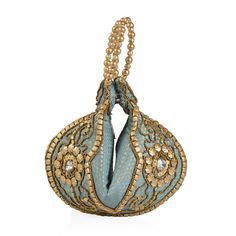 Give your beautiful appearance a touch of style with this aquamarine, gold and beige satin, pearl and acrylic beads potli bag. Designed to match your fascinating appearance, this classic fashion accessory is perfect to stash all your essentials and take your fashion quotient to new heights. Gold Handwork Potli Bag For Evening, Gold Evening Bag With Handwork For Reception, Gold Handwork Evening Bag For Reception, Evening Gold Shoulder Bag With Zari Work, Gold Shoulder Bag With Zari Work For Evening, Evening Gold Potli Bag With Zari Work, Gold Potli Bag With Zari Work For Evening, Festive Beaded Evening Bag As Gift, Embellished Evening Bag For Festivals