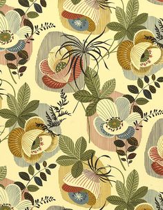 an abstract floral pattern with leaves and flowers on a cream background, suitable for wallpaper or upholstering