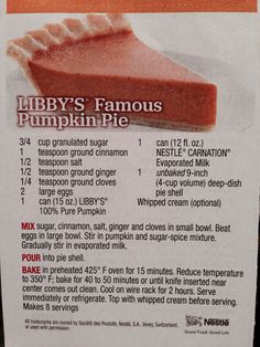 an advertisement for a pumpkin pie with information about it's toppings and instructions