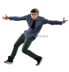 a young man is skateboarding on a white background