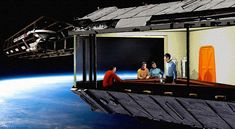 three people are sitting on the edge of a space station in front of the earth