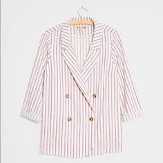 Dolan Blazer By Anthropologie With Pretty White Base And Pink And Purple Subtle Stripes. Can Be Worn Casual Or More Dresses Up. This Is The Perfect Blazer To Mix With So Many Outfits. Nice Cotton And Linen Blend Make It Super Soft. Signature West Coast Flair Linen & Cotton Side Slant Pockets Double Breasted Front Pockets Size Large Nwt Pit To Pit: 22.5” Length: 16” Sleeve Length: 24” Purple Double-breasted Outerwear For Spring, Purple Double-breasted Spring Outerwear, Spring Purple Outerwear For Work, Spring Purple Blazer With Button Closure, Leopard Jacket, Cropped Blazer Jacket, Lightweight Blazer, Jacquard Sweater, Anthropologie Jacket