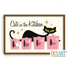 a black cat sitting on top of pink cups with the words cats in the kitchen