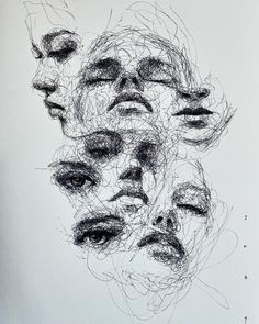 a drawing of several faces with different lines on them