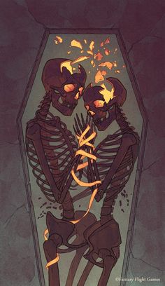 two skeletons sitting next to each other in front of a mirror with fire coming out of it