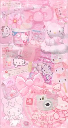 hello kitty wallpaper in pink and white with many different items on the wall behind it