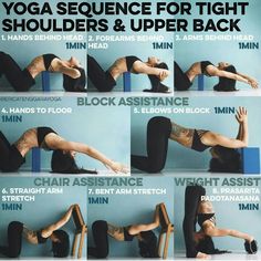 a woman doing yoga poses for tight shoulders and upper back muscles with the instructions below