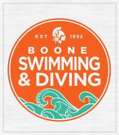 the logo for booone swimming and diving, with an orange circle in the center