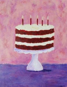 a painting of a red and white cake with five candles on it's top