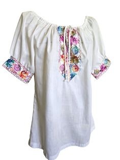 Women's vintage floral embroidered Mexican peasant top. Short sleeve, multiple bright colored floral embroidered collar with tie neckline. no tag ~ size medium Spring Short Sleeve Blouse With Boho Collar, Traditional Spring Blouse With Boho Collar, Bohemian Peasant Top With Multicolor Embroidered Neckline, Traditional Spring Peasant Top With Embroidered Border, Peasant Top With Embroidered Neckline For Summer, Spring Long Sleeve Peasant Top With Embroidered Border, Spring Long Sleeve Embroidered Peasant Top, Multicolor Floral Embroidered Top For Spring, Multicolor Floral Print Embroidered Top For Spring