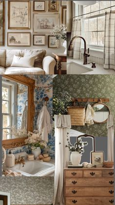 a collage of photos with various rooms and furniture in them, including a bathtub