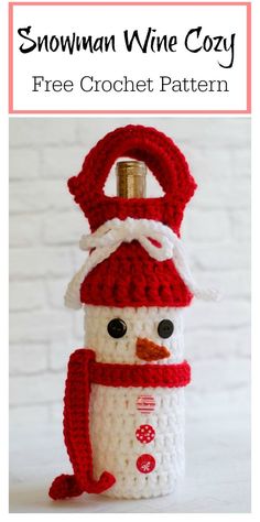 a crocheted snowman wine bottle cozy pattern with the words free crochet pattern