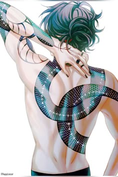 a painting of a woman with green hair and snake skin on her back, holding onto the