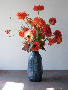 a blue vase filled with orange and red flowers