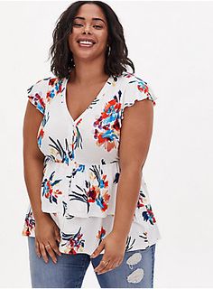 Plus Size - Super Soft White Floral Button Front Layered Babydoll Top - Torrid Empire Waist Tops, Printed Peplum Top, Summer Items, Apple Shape, Lace Sleeve Top, Floral Peplum, Layered Design, Feel Pretty, Babydoll Top