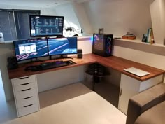 there is a desk with two computer screens on it