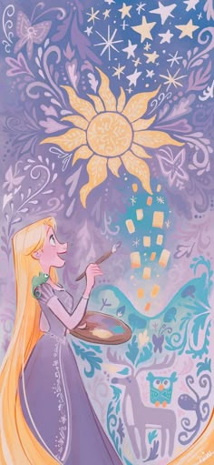 the princess is holding a plate in her hand and looking up at the sky with stars