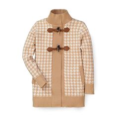 Keep your girl cozy and chic in our long sweater coat in super soft organic cotton. A subtle tan and ivory houndstooth knit pattern adorns this beautiful coat, along with contrasting rib trim and toggle closures made of faux suede and faux horn. A neutral to go with any outfit! Long Sweater Cardigan, Herringbone Knit, Long Sweater Coat, Long Sweater, Sweater Coat, Your Girl, Long Sweaters Cardigan, Knit Pattern, Brown Sweater