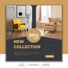 a flyer for a furniture store with an image of a living room and yellow chair