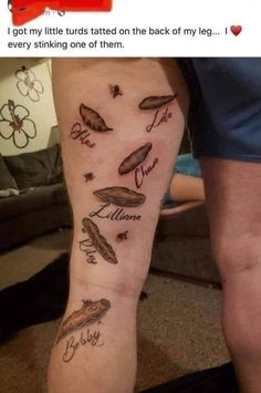 a person with a tattoo on their leg that says, i got my little tattoos started the back of my leg