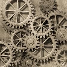 black and white photograph of gears