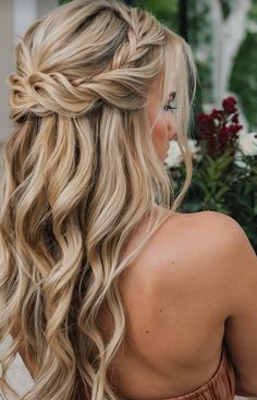 Half Up Half Down Bridesmaid Hair From Front View, Half Up Down Bridesmaid Hair, Long Maid Of Honor Hair, Half Up With Braids Wedding, Half Up Wedding Hairstyles Braid, Curls For Bridesmaid, Thick Hair Wedding Styles Half Up, Half Up Bridesmaid Hair Front View, Long Braided Wedding Hair