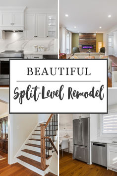 beautiful split level remodel with white cabinets and wood floors