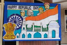 a sign that says happy republic day with an image of two men and a woman