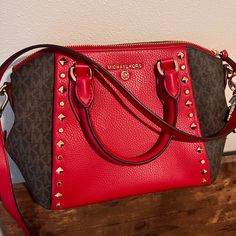 New With Tags Attached, Michael Kors Crossbody Messenger Bag. Red/Brown/Black With Studded Details. Sienna Color, Bags Michael Kors, Michael Kors Crossbody Bag, Leather Duffle, Michael Kors Crossbody, Black Leather Crossbody Bag, Chain Crossbody Bag, Nylon Tote, Crossbody Messenger Bag