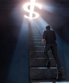 a man walking up some stairs with a lit dollar sign above his head