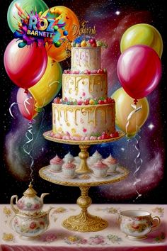 a painting of a cake and tea set on a table with balloons in the air