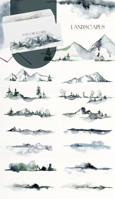 some watercolor paintings with mountains and trees in the background, one is black and white