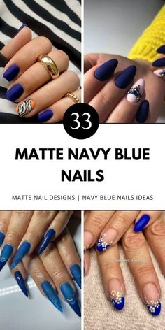 Discover chic short matte navy blue nail designs, including square, almond, and coffin shapes with gold accents. Save this pin to your nail art board and explore more ideas in the article. Navy Blue Nail Designs, Royals Nails, Royal Blue Nails, Navy Blue Nails, Matte Nails Design, Blue Nail Designs