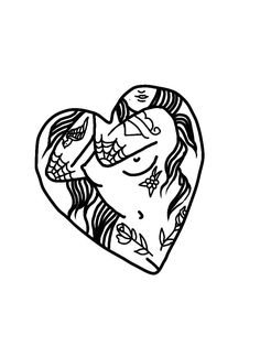 a black and white drawing of a heart with an image of a woman's face