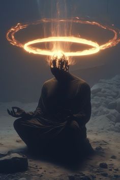 a man sitting in the middle of a circle with fire coming out of his head