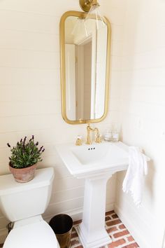 a white toilet sitting next to a bathroom sink under a golden mirror above it is a potted plant with purple flowers